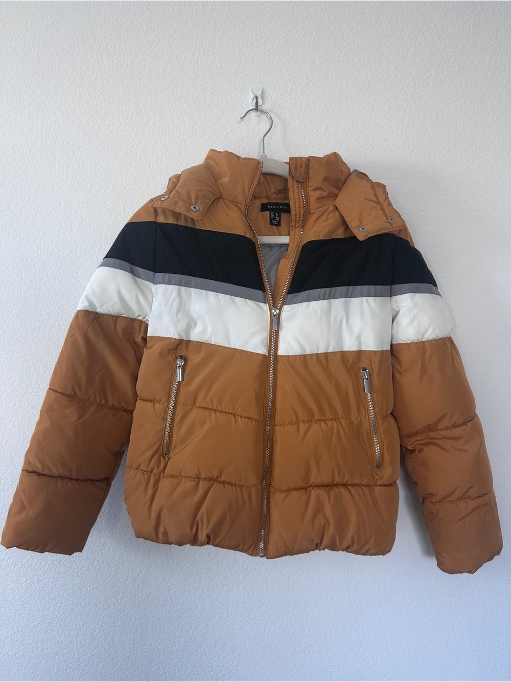 New Look Colorblock Puffer Jacket - Tan, Black, White